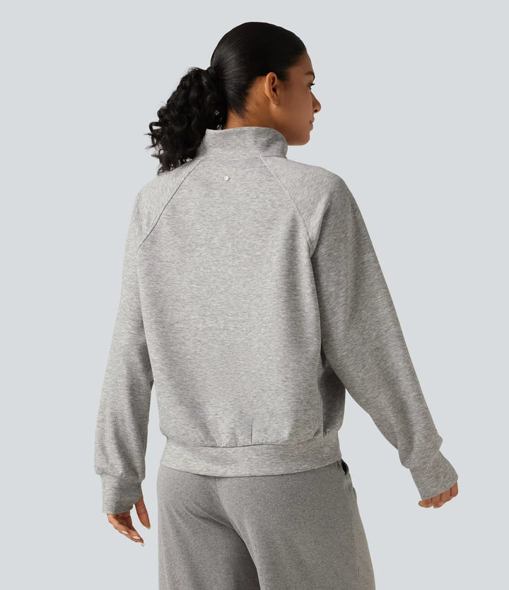 High Neck 2-Way Zipper Long Sleeve Thumb Hole Casual Jacket with Pockets