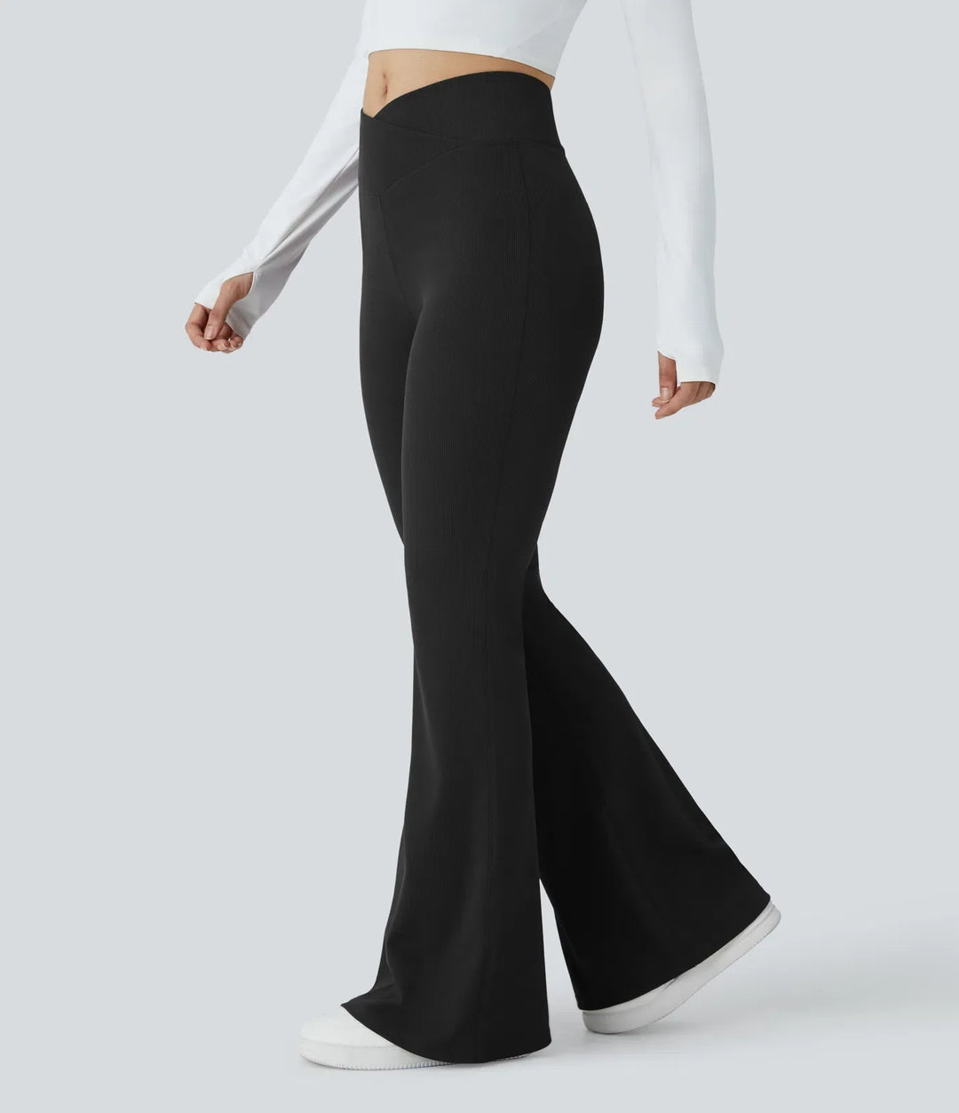 Crossover High Waisted Pocket Waffle Casual Flare Trousers