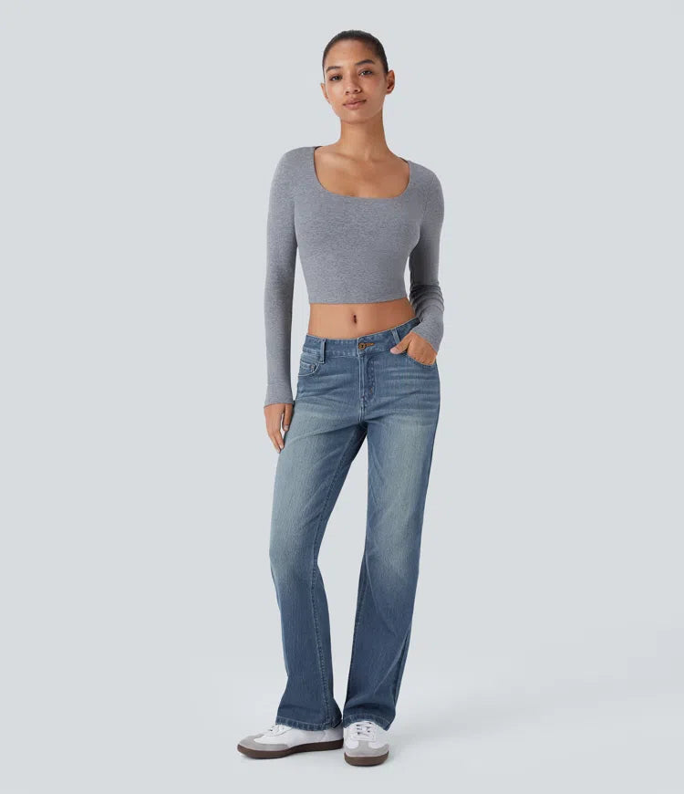 Halara Flex Low Rise Zipper Pockets Washed Casual Bootcut Jeans
