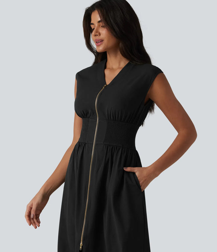 V Neck Sleeveless 2-Way Zipper Midi Work Dress with Pockets