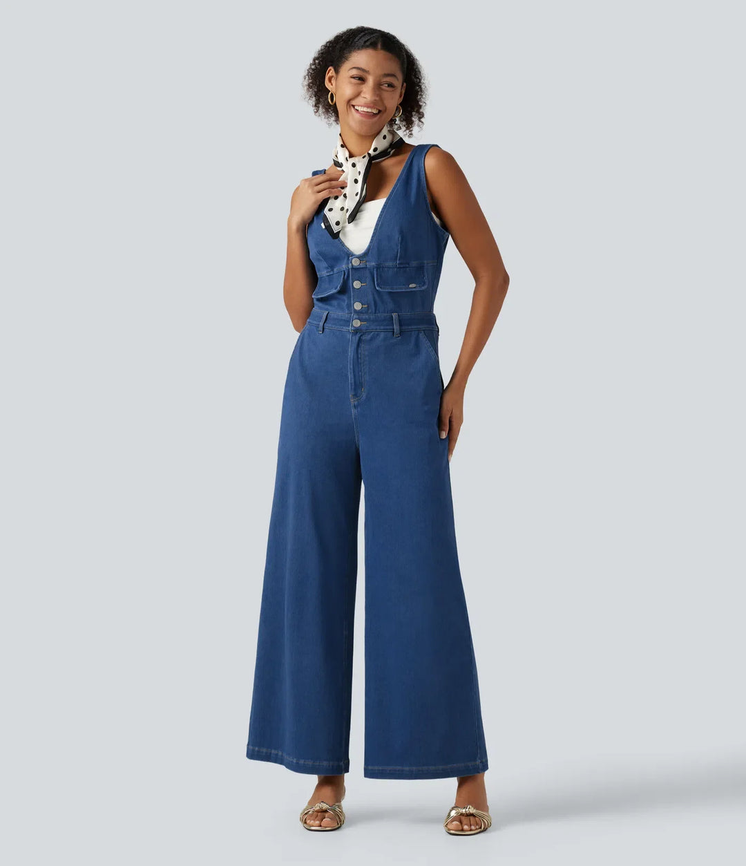 Halara Flex V Neck Wide Leg Denim Casual Jumpsuit with Pockets