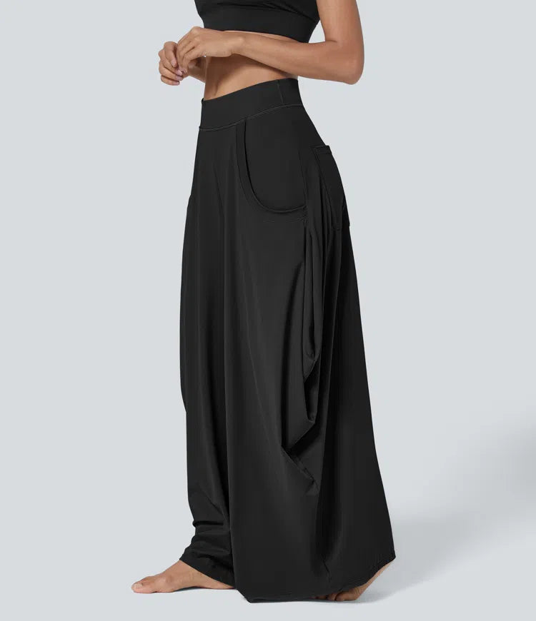 Mid Rise Multiple Pockets Draped Wide Leg Casual Trousers