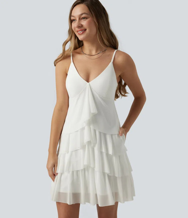 Crisscross Backless Mesh Overlay Built-in Bra Mini Casual Tiered Slip Dress with Pockets