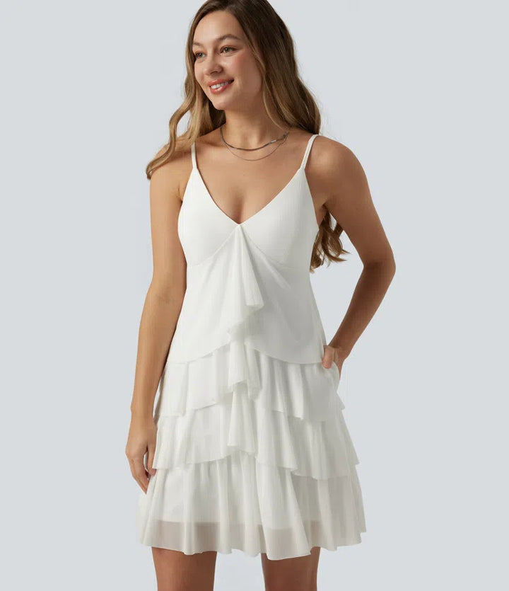 Crisscross Backless Mesh Overlay Built-in Bra Mini Casual Tiered Slip Dress with Pockets