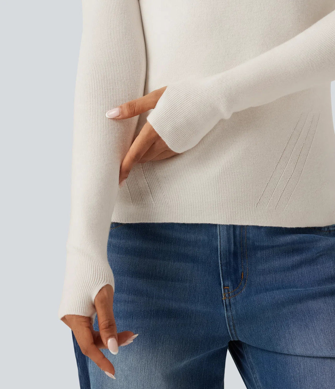 Round Neck Long Sleeve Thumb Hole Slim Work Jumper
