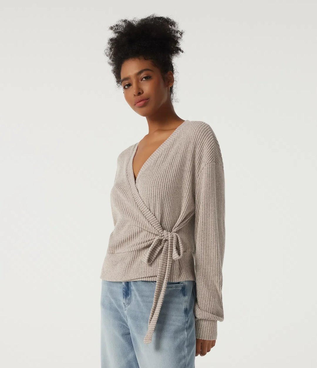 Ribbed Knit V Neck Long Sleeve Tie Side Wrapped Casual Top
