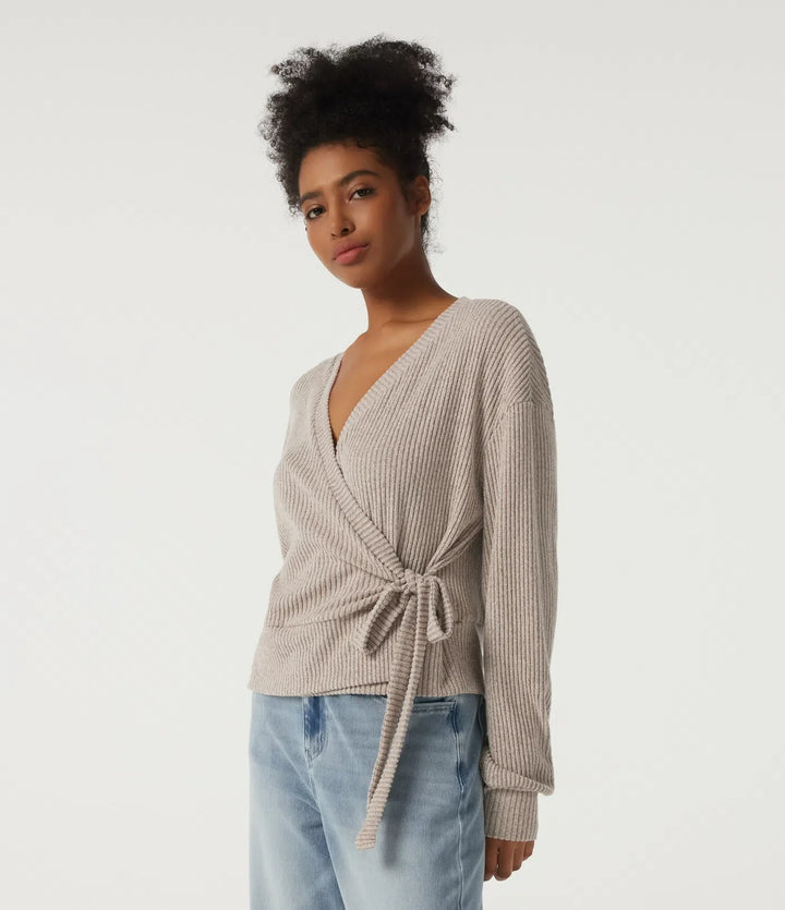 Ribbed Knit V Neck Long Sleeve Tie Side Wrapped Casual Top