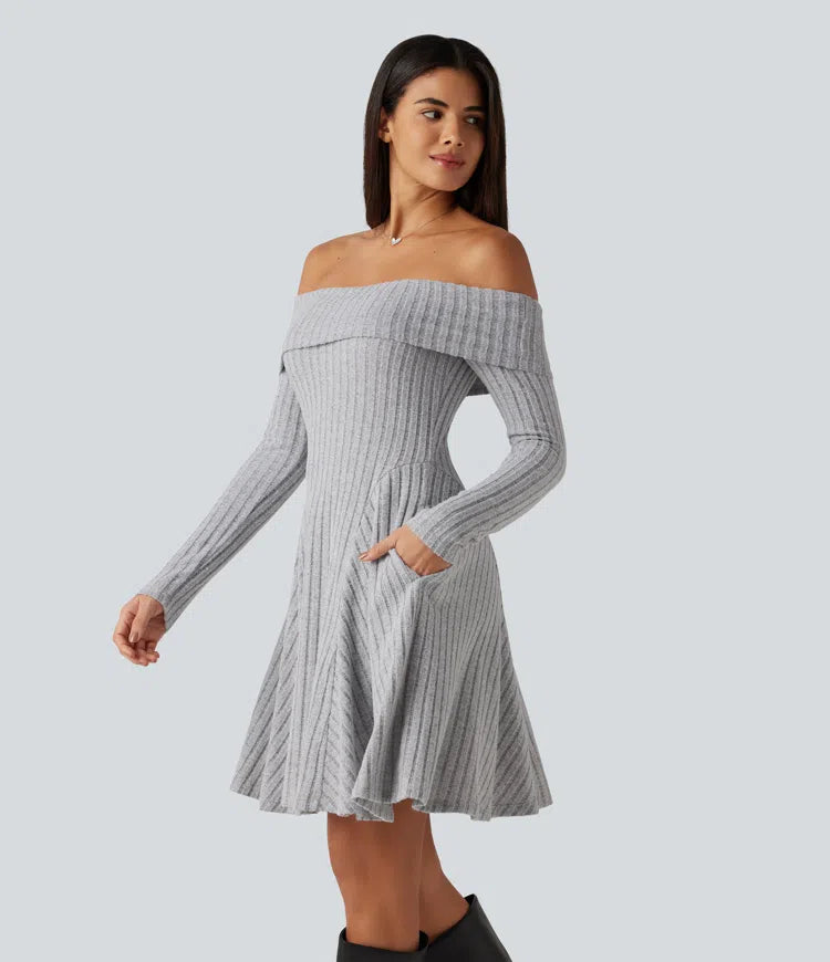 Ribbed Knit Off Shoulder Long Sleeve Built-in Bra Mini Casual Dress with Pockets