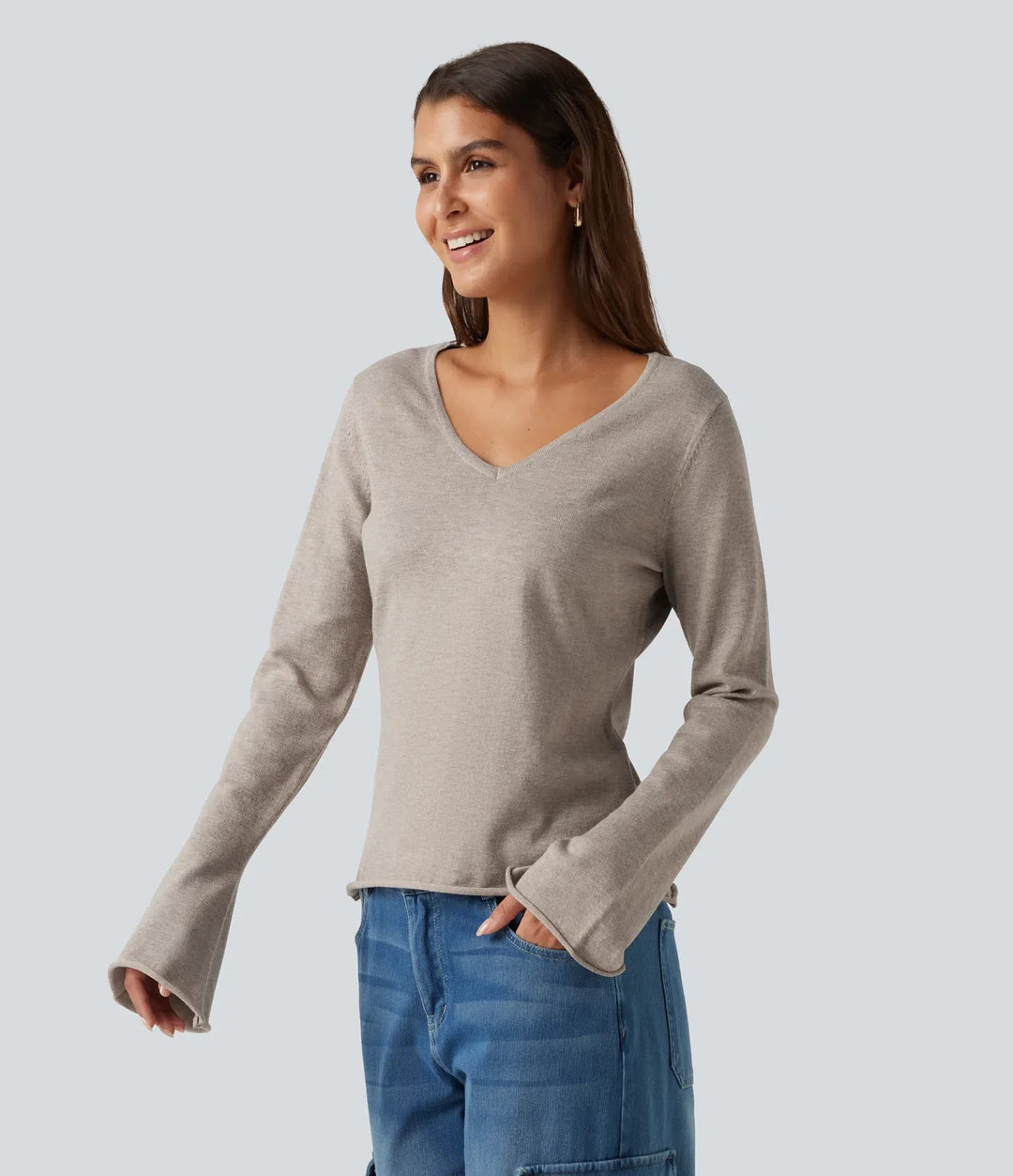 V Neck Flounce Long Sleeve Rolled Hem Casual Jumper