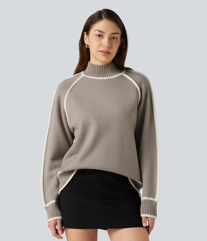 Mock Neck Raglan Long Sleeve Color Block Work Jumper