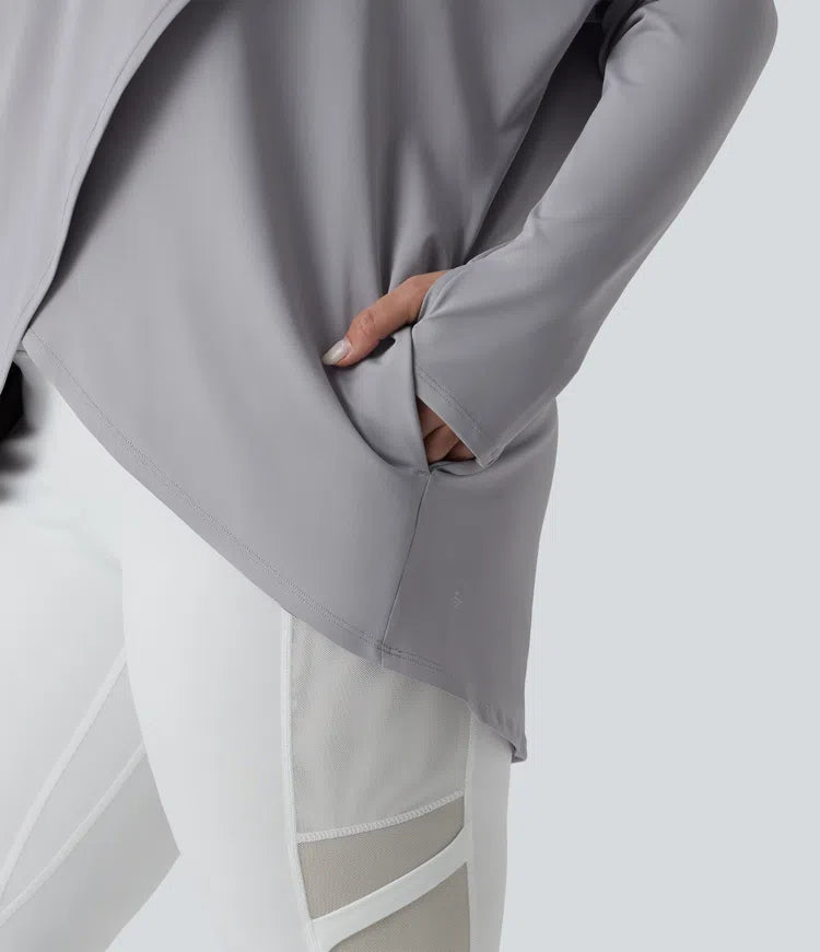 Plus Size Hooded Cowl Neck Long Sleeve Thumb Hole Yoga Sports Top with Pockets