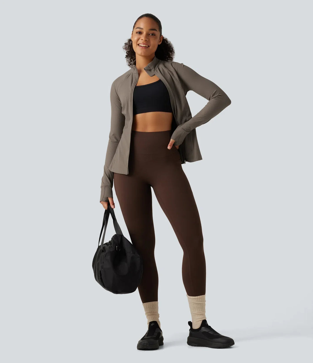 Ribbed Knit Stand Collar Long Sleeve Thumb Hole Yoga Jacket with Pockets