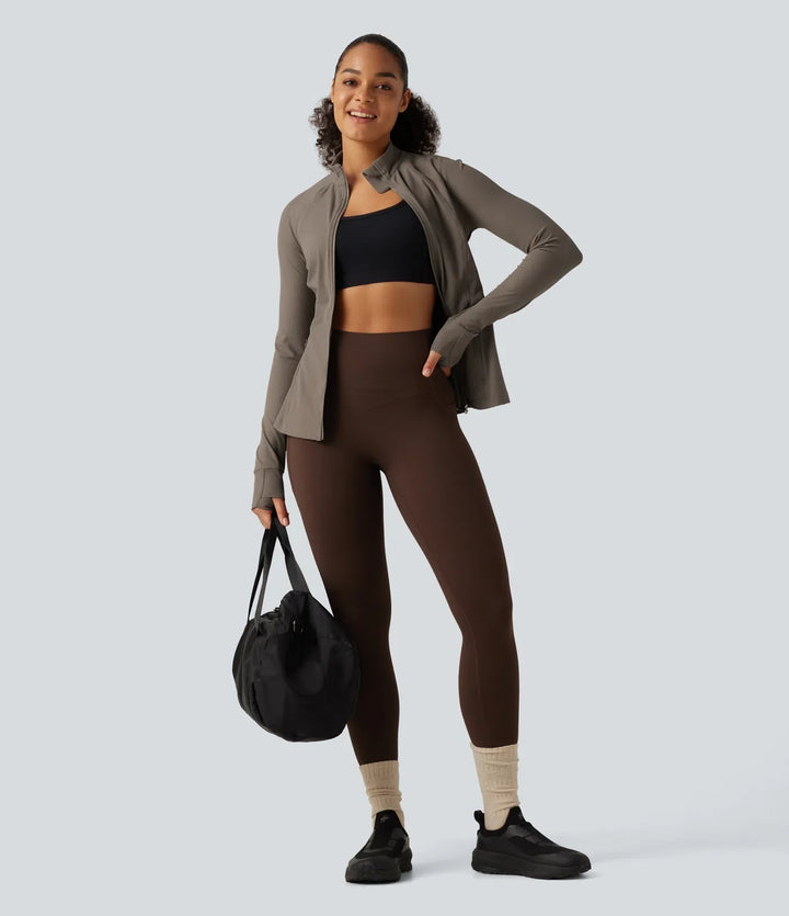 Ribbed Knit Stand Collar Long Sleeve Thumb Hole Yoga Jacket with Pockets