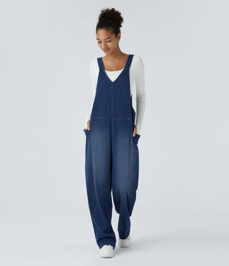 Halara Flex V Neck Pocket Washed Denim Casual Dungarees