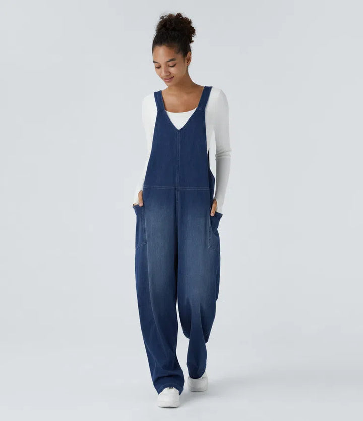 Halara Flex V Neck Pocket Washed Denim Casual Dungarees