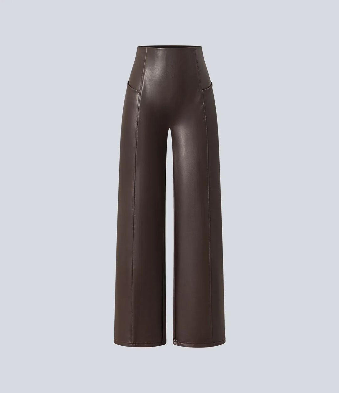 High Waisted Tummy Control Stretchy PU Fleece Casual Flare Trousers with Pockets