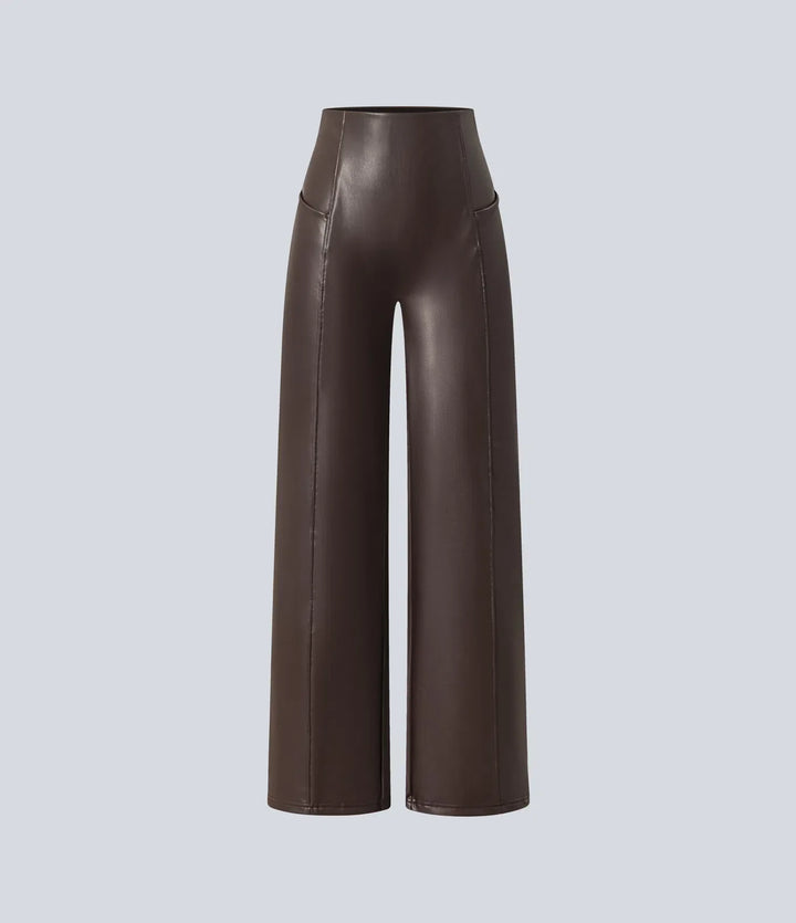 High Waisted Tummy Control Stretchy PU Fleece Casual Flare Trousers with Pockets