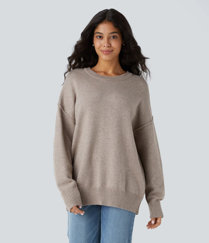 Round Neck Dropped Shoulder Long Sleeve Casual Jumper
