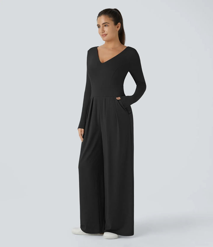 V Neck Long Sleeve Pocket Wide Leg Casual Jumpsuit