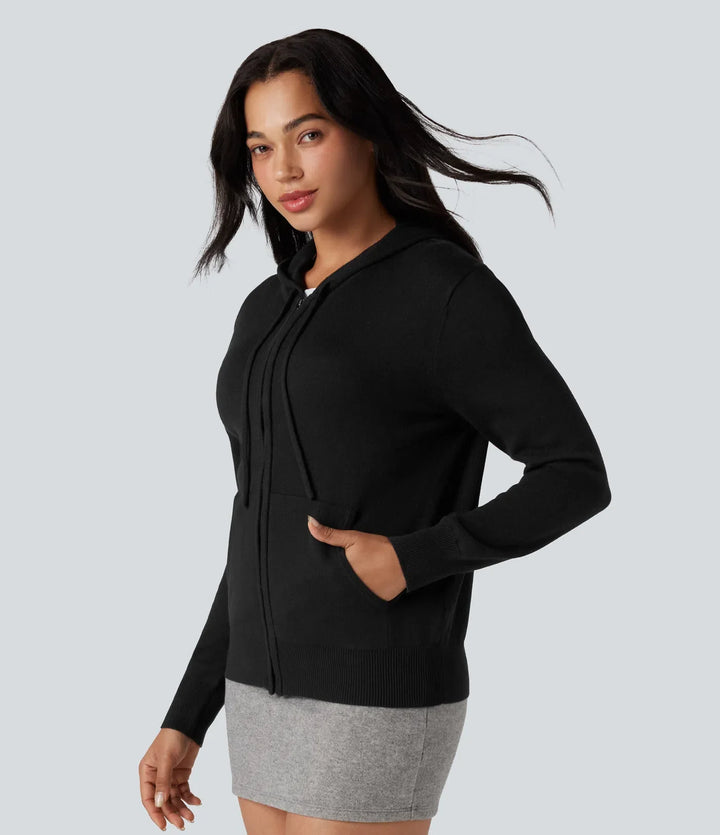 Hooded Drawstring Long Sleeve Zipper Casual Cardigan with Pockets