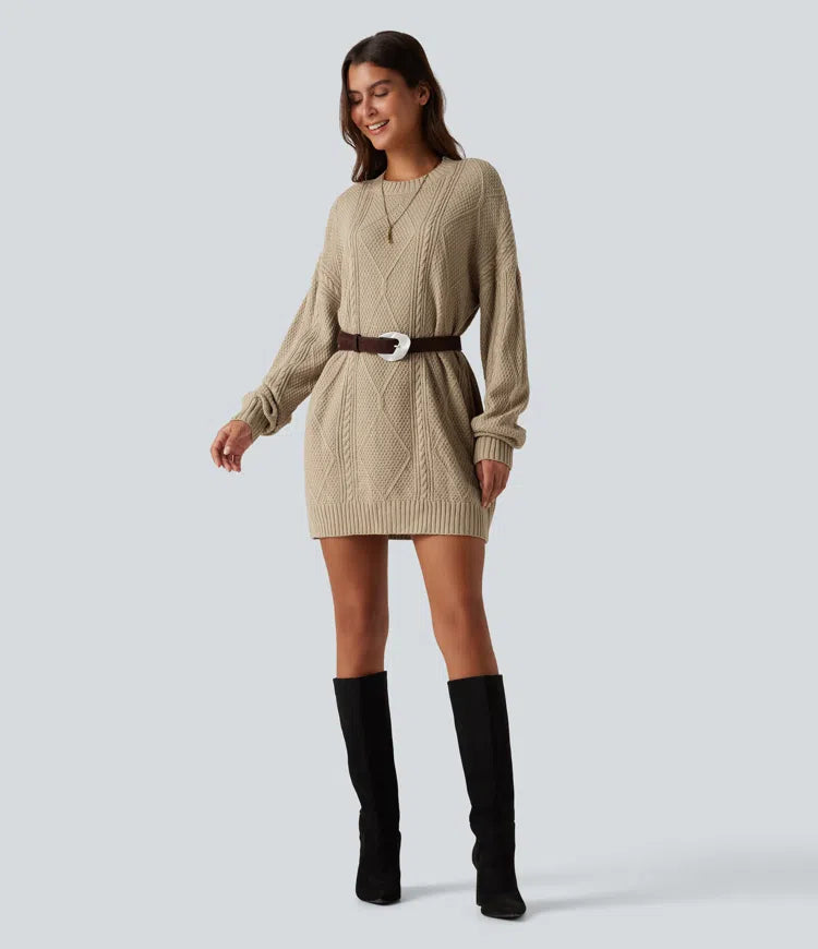 Round Neck Long Sleeve Cable Knit Mini Casual Jumper Dress