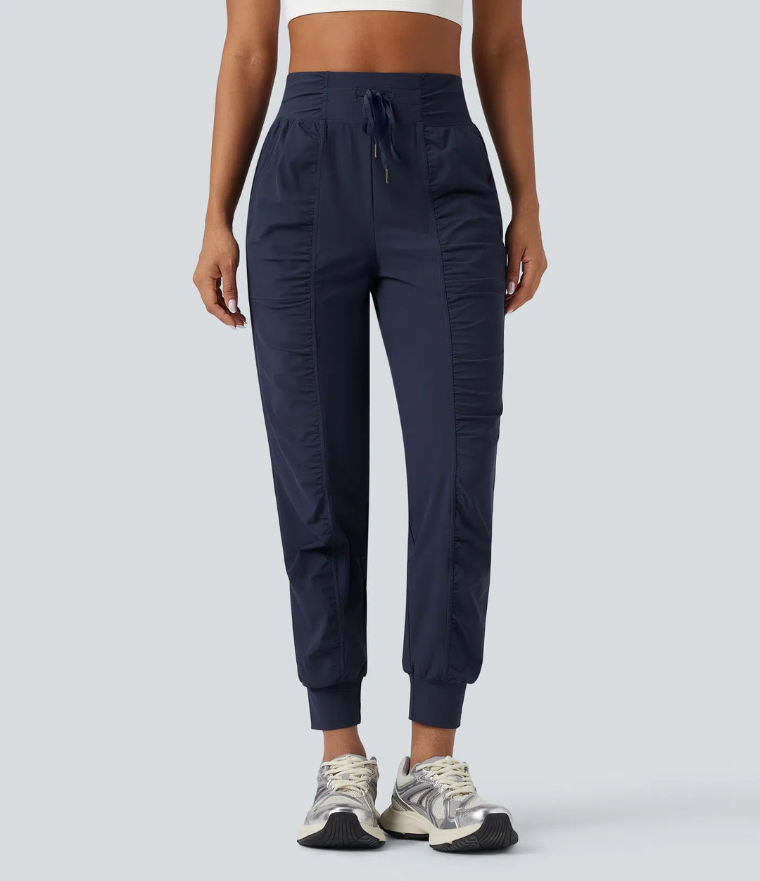 High Waisted Drawstring Ruched Tapered Quick Dry InstantCool Dance Joggers with Pockets-UPF40+