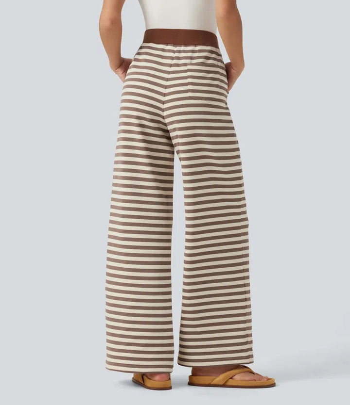 Mid Rise Drawstring Stripe Wide Leg Lounging Sweattrousers with Pockets
