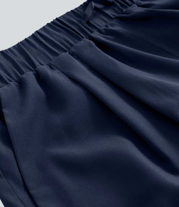 High Waisted Elastic Waistband Drawstring Pleated Yoga Shorts 3" with Pockets