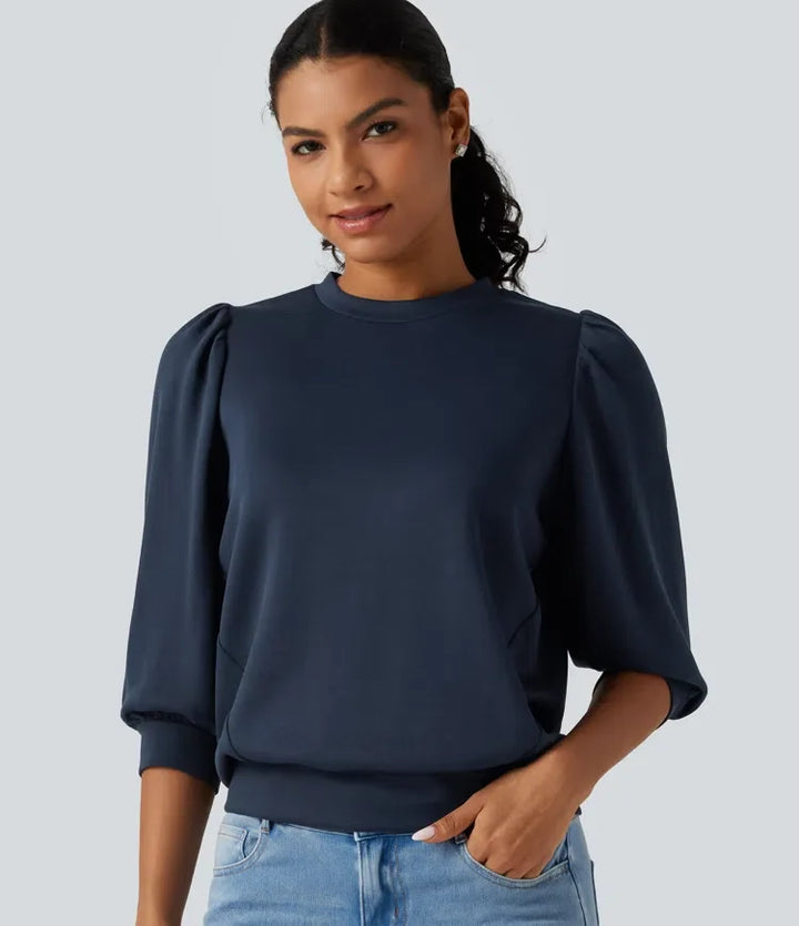 Round Neck Puff 3/4 Sleeve Casual Sweatshirt