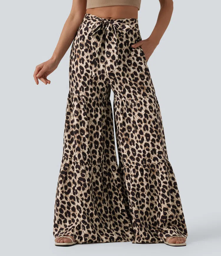 Mid Rise Tie Front Baggy Leopard Print Casual Trousers with Pockets