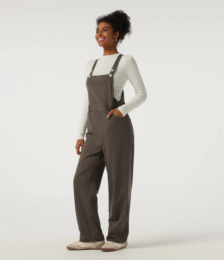 Square Neck Straight Leg Stripe Casual Overalls with Pockets