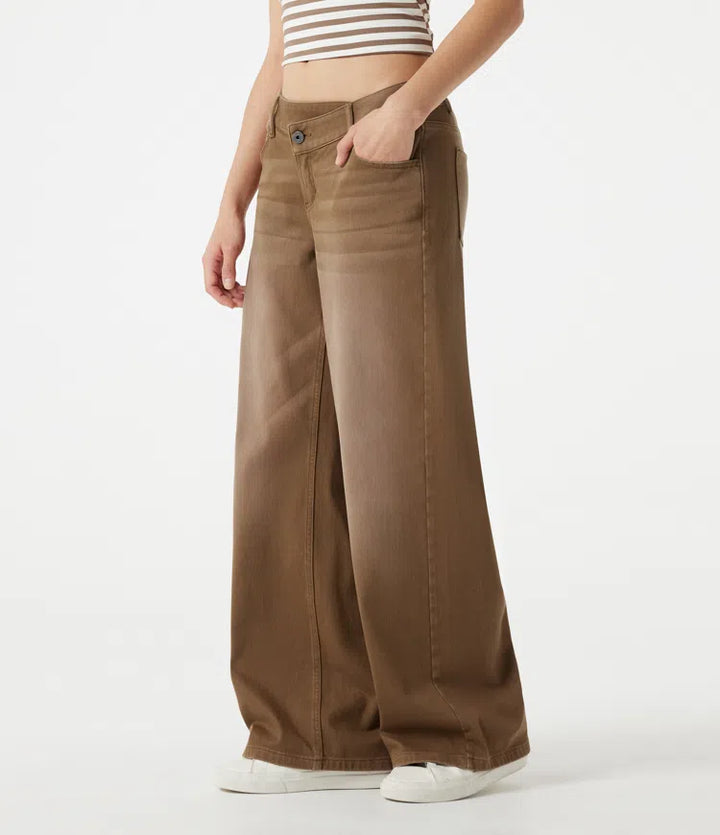 Halara Flex Asymmetric Low Rise Wide Leg colourful Washed Casual Jeans with Pockets