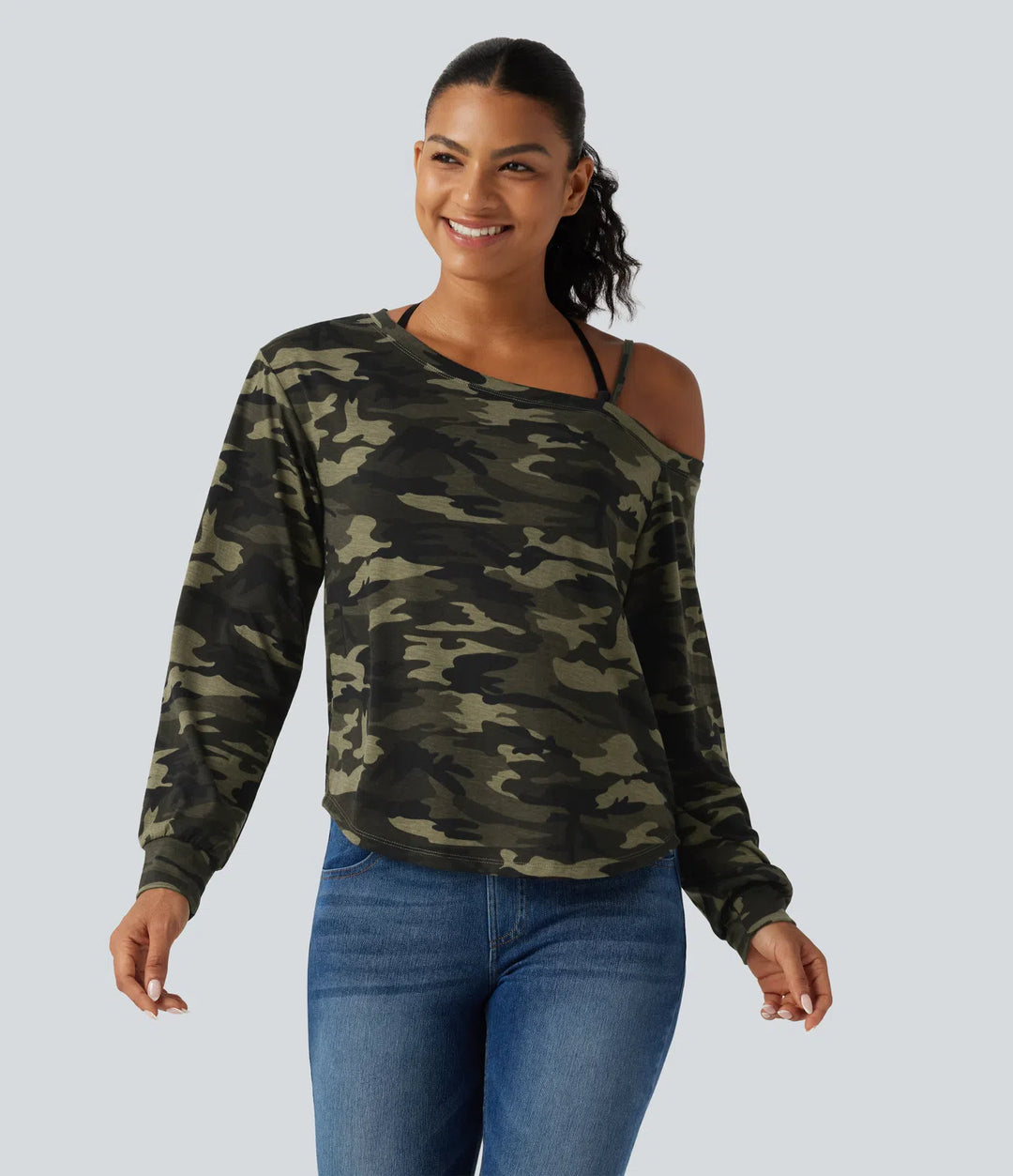 One Shoulder Long Sleeve Camo Casual Top