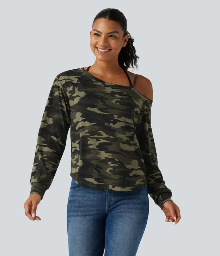 One Shoulder Long Sleeve Camo Casual Top