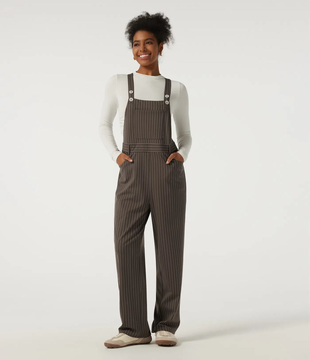 Square Neck Straight Leg Stripe Casual Overalls with Pockets