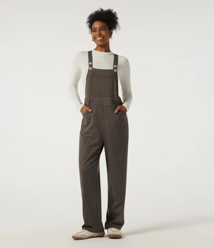 Square Neck Straight Leg Stripe Casual Overalls with Pockets