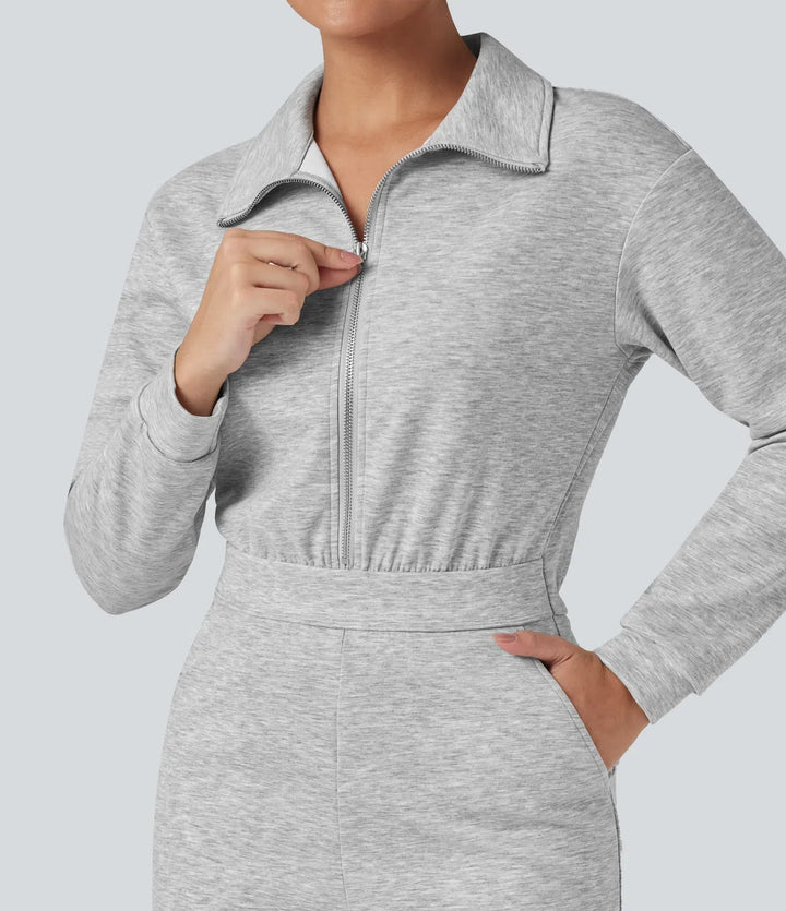 Lapel Zip Long Sleeve Casual Jumpsuit with Pockets-Easy Peezy