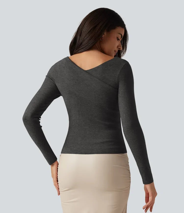 V Neck Long Sleeve Crossover Thumb Hole Casual Jumper