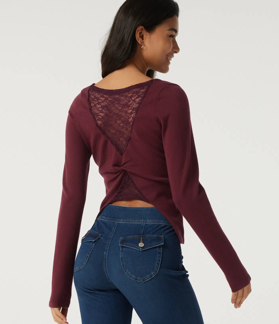 Boat Neck Long Sleeve Contrast Lace Cut Out Back Casual Jumper