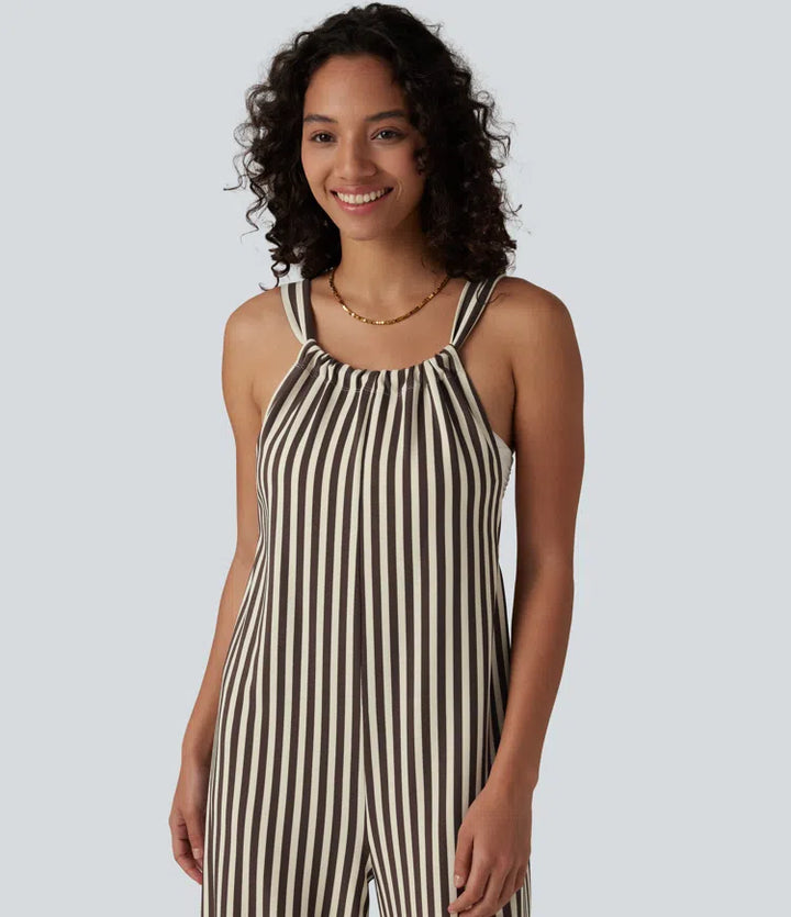 Tie-back Stripes Casual Baggy Dungarees with Pockets