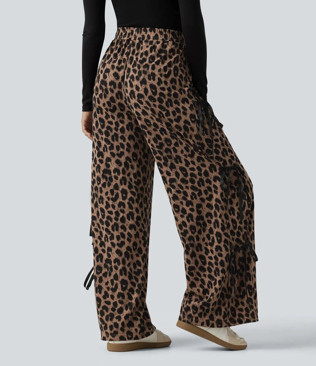 High Waisted Leopard Print Waffle Wide Leg Casual Trousers with Pockets
