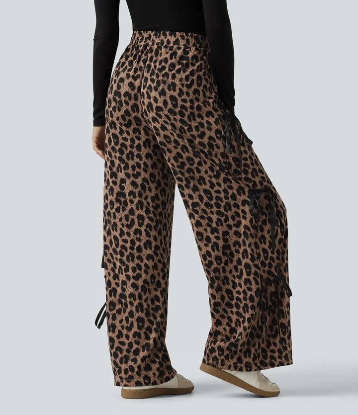 High Waisted Leopard Print Waffle Wide Leg Casual Trousers with Pockets