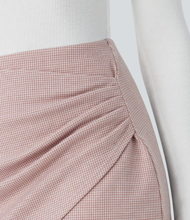 High Waisted Asymmetric Ruched 2-in-1 Houndstooth Mini Work Skirt