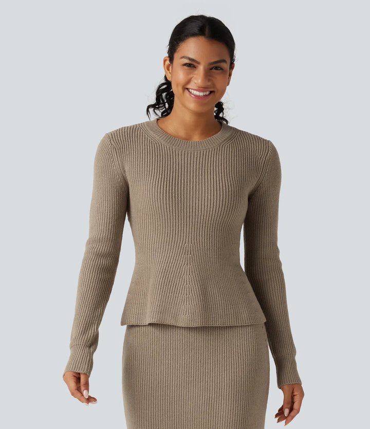 Round Neck Long Sleeve Ruffle Hem Work Jumper