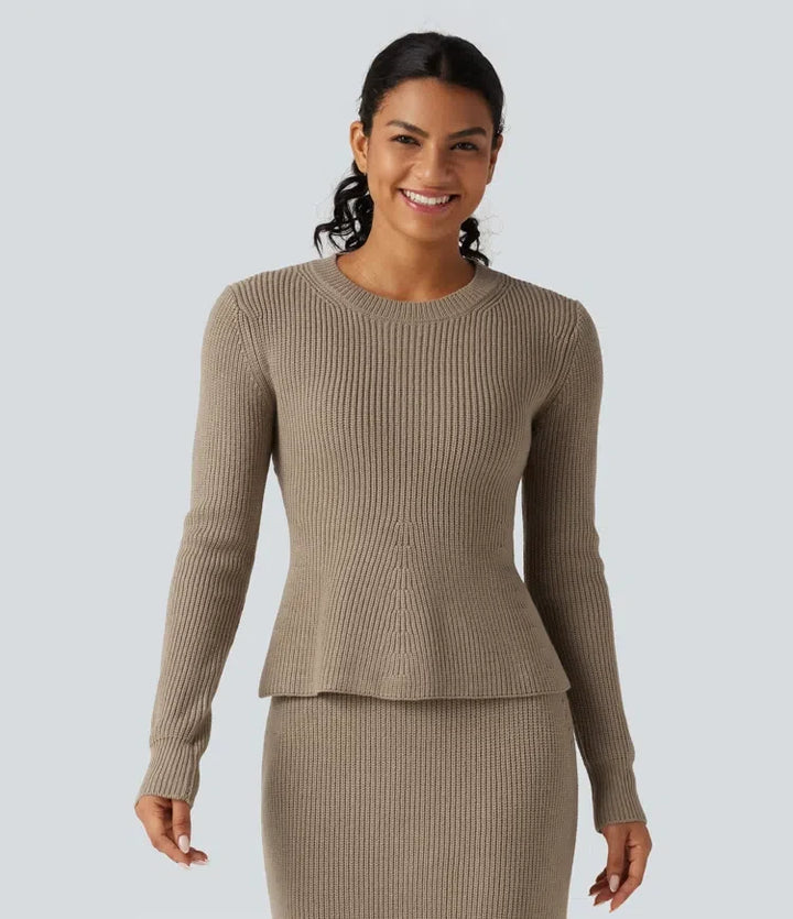 Round Neck Long Sleeve Ruffle Hem Work Jumper