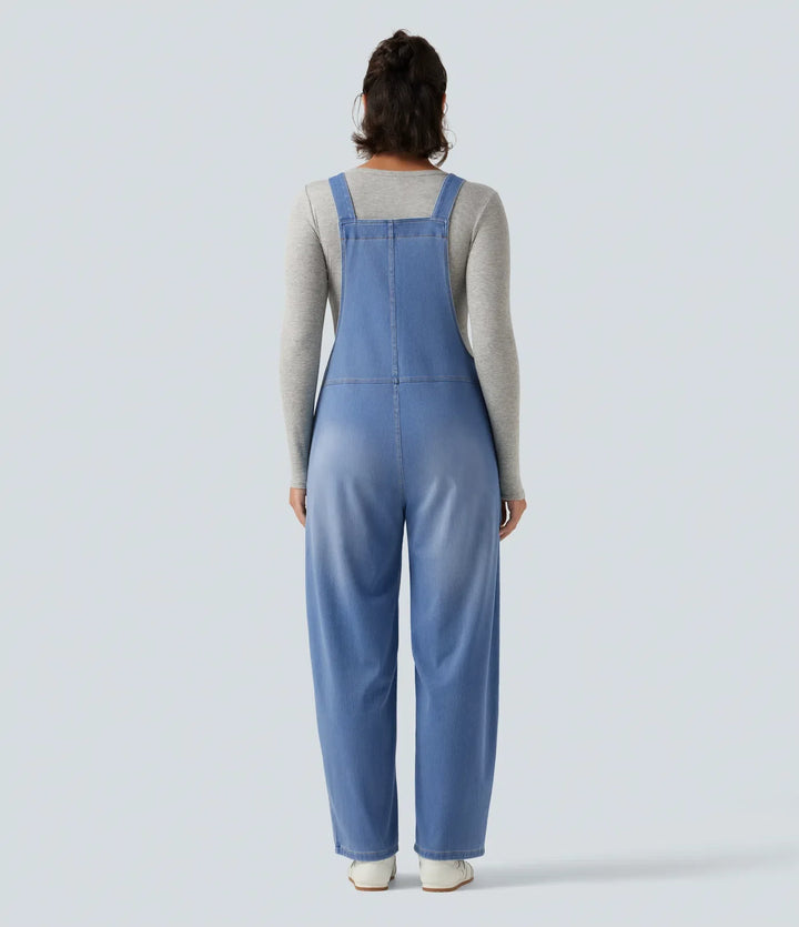 Halara Flex V Neck Sleeveless Barrel Leg Denim Casual Overalls with Pockets