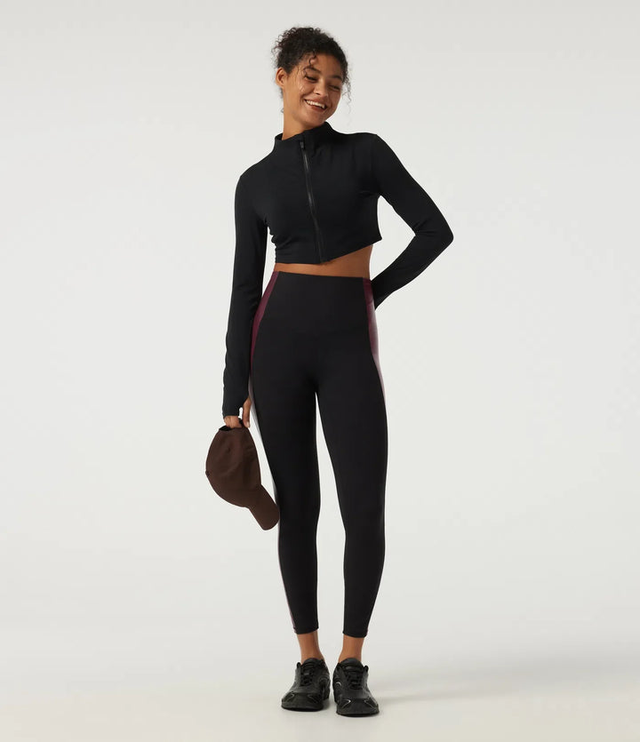 High Waisted Tummy Control Color Block Stretchy PU Yoga Leggings with Pocket