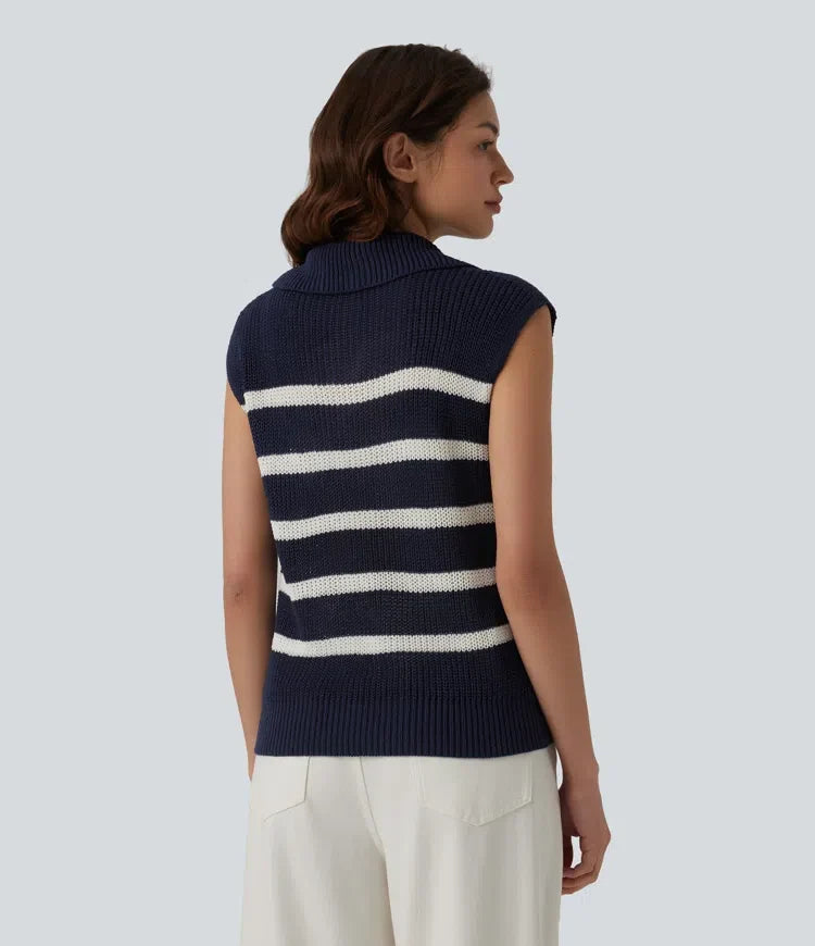 Half Zip Sleeveless Stripe Casual Jumper