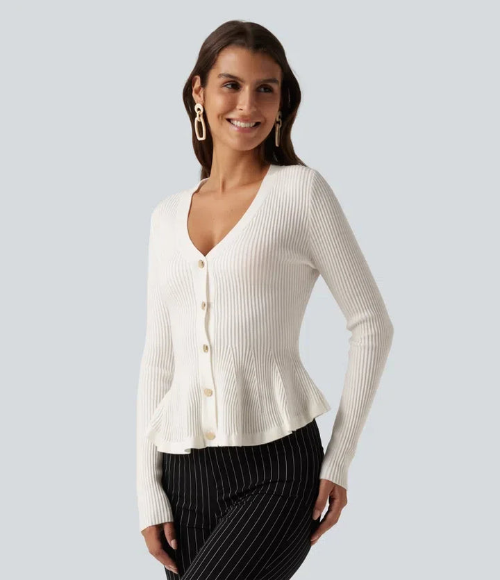 V Neck Long Sleeve Ruffle Hem Slim Work Cardigan