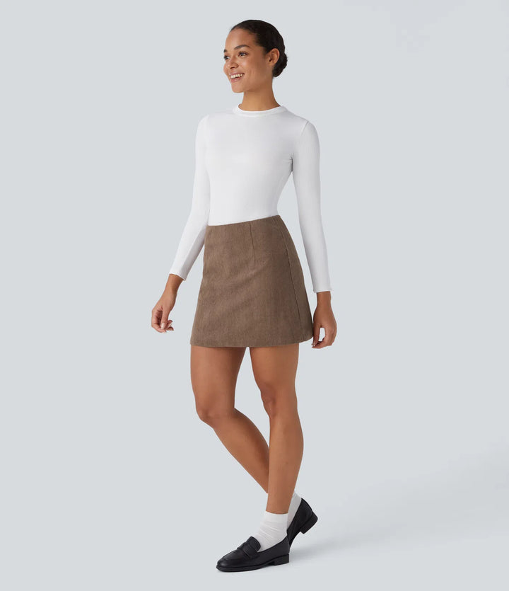 High Waisted Invisible Zipper 2-in-1 A Line Mini Corduroy Casual Skirt-Longer Length